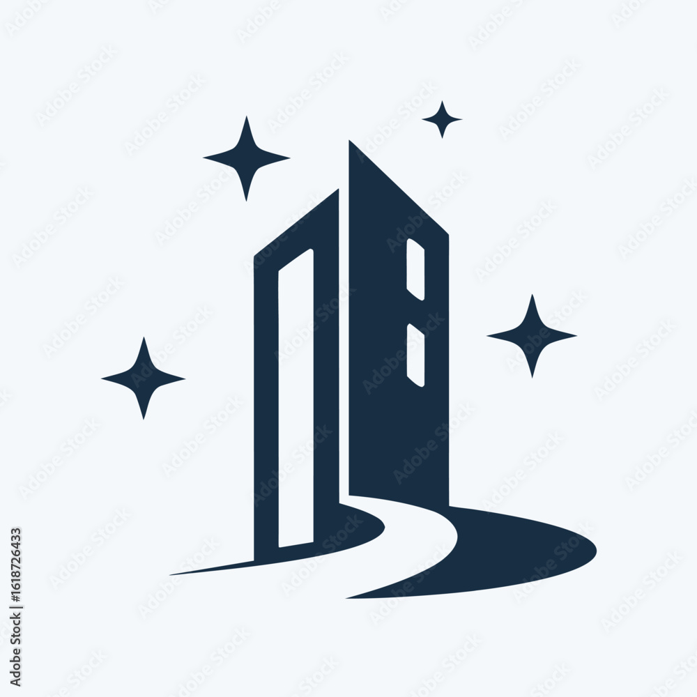 Poster dark blue abstract building with sparkling stars on white background architecture