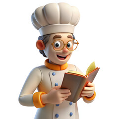 Cheerful chef reading recipe book cooking learning