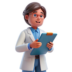 Cheerful doctor holding blue clipboard cartoon medical