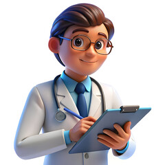 Cheerful doctor with stethoscope writing on clipboard