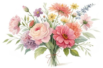 Vibrant Watercolor Floral Bouquet with Mixed Blooming Flowers