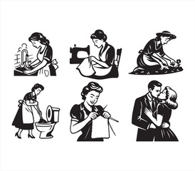 Retro Housewife Vector Set – Vintage 1950s Women Cooking, Cleaning, Knitting, and Kissing Illustration Pack