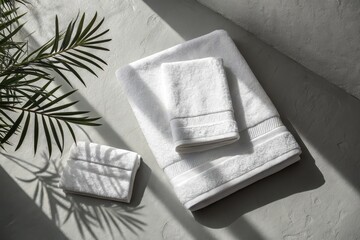 Soft White Towels on Textured Surface with Shadow and Light Play