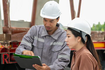 Engineers are discussing building a house with precast materials at a construction site.