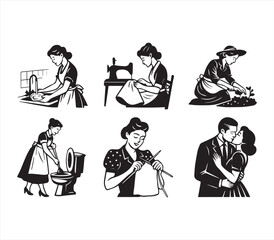 Retro Housewife Vector Set – Vintage 1950s Women Cooking, Cleaning, Knitting, and Kissing Illustration Pack