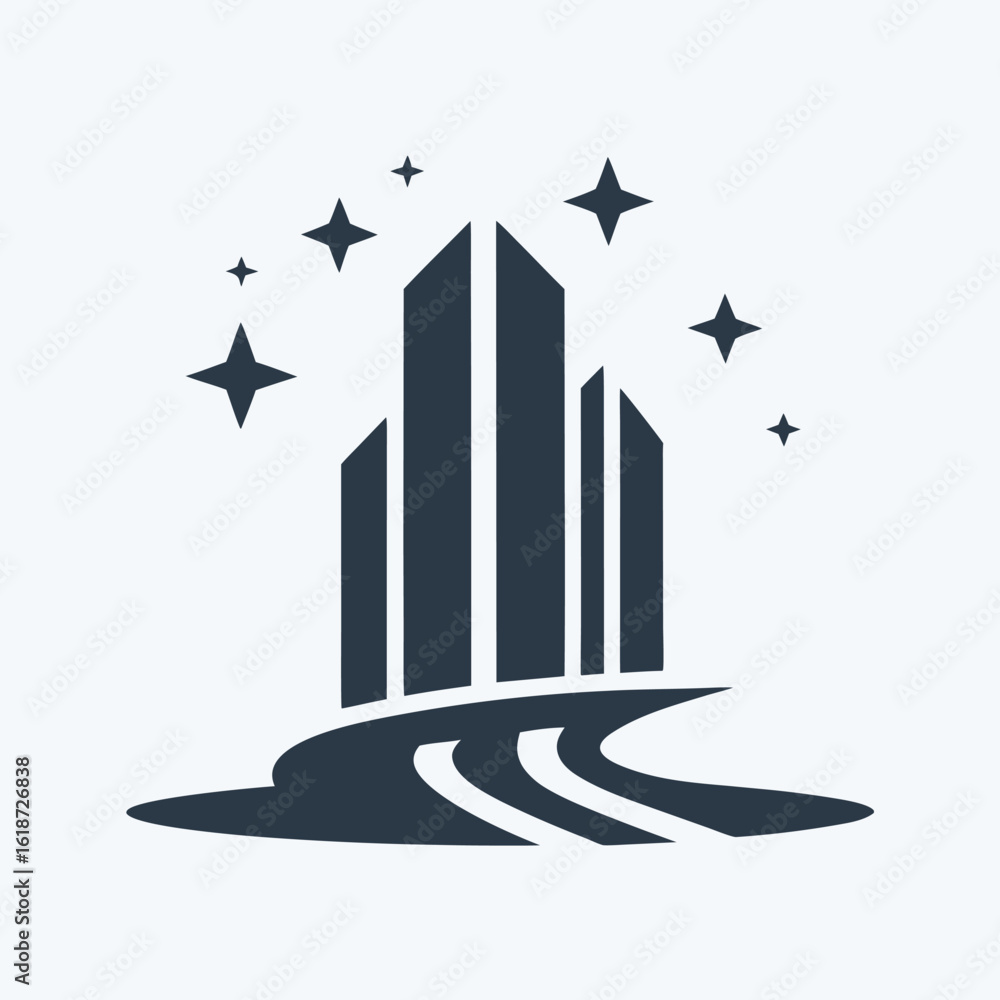 Poster dark blue abstract building with stars and curved path on white background architecture city