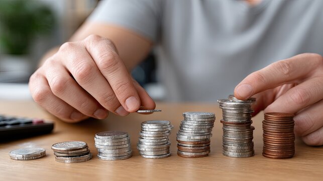 Hands carefully add coins to organized stacks, showcasing financial planning and budgeting on a wooden table in a home setting