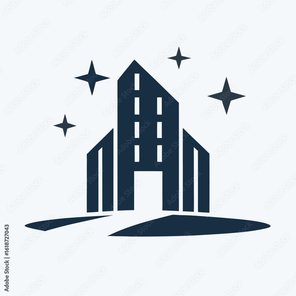 Poster dark blue abstract building with stars on a white background architecture 1