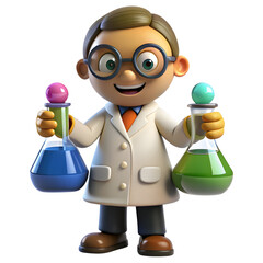 Cheerful scientist holding colorful flasks cartoon