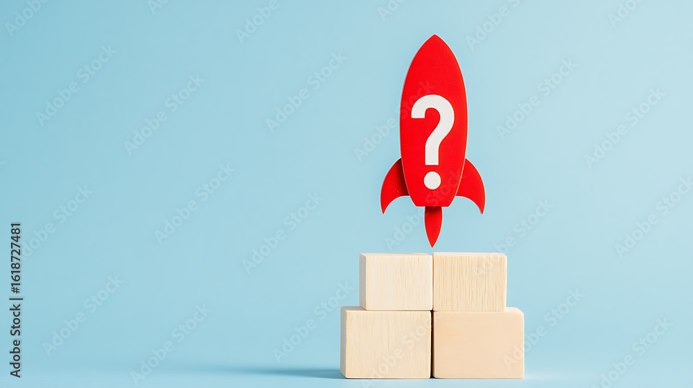 Poster questioning the future: a red rocket with a question mark rises from wooden blocks, symbolizing unce