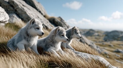 Three realistic gray wolf cubs sit on a grassy hillside, intently watching for prey while bathed in soft sunlight and vibrant colors