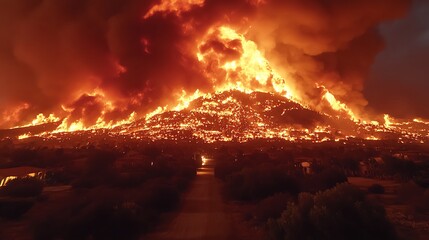 Fototapeta premium Vast flames engulf a hillside community at night.