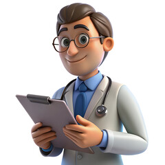 Friendly cartoon doctor holding clipboard medical healthcare