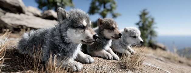 Three realistic gray wolf cubs sit on a grassy hillside, intently watching for prey while bathed in soft sunlight and vibrant colors