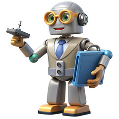 Friendly cartoon robot teacher holding clipboard and device