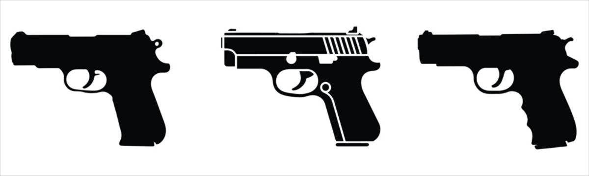 Black gun silhouette icons set for defense, security, or weapon-related designs.