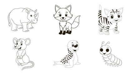 Collection of six cute cartoon animals in black and white line art
