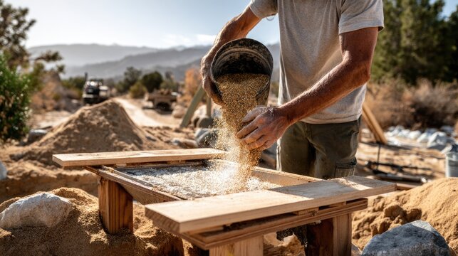 miner pours a bucket of wet sand and gravel into a gold separator machine