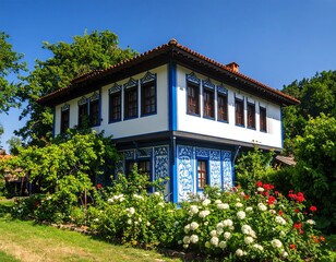Fototapeta premium Colorful historical house in a garden setting