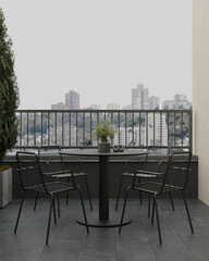 Contemporary balcony with black outdoor furniture, city view, and minimalist design.