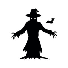 Black silhouette of a spooky figure with a hat and a bat halloween witch