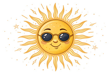 Cartoon sun with sunglasses isolated on transparent background, a cheerful character with a happy face, perfect for summer designs and illustrations