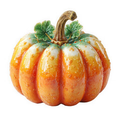 A small decorative glossy pumpkin with green leaves isolated on transparent background