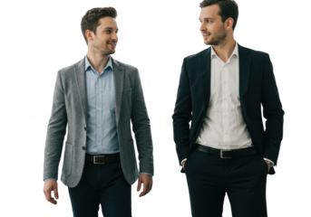 Two businessmen walking and talking together isolated on transparent background