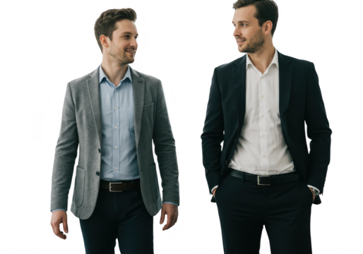 Two businessmen walking and talking together isolated on transparent background