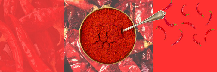Vibrant Red Chili Powder:  Spicy Food Photography,  Dried Chilis and Ground Spice in Bowl,  Bold Culinary Image.