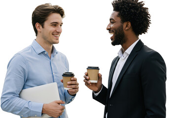 Two businessmen having coffee and talking, isolated on transparent background