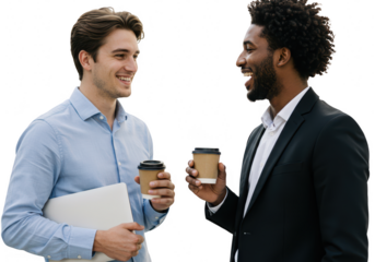 Two businessmen having coffee and talking, isolated on transparent background