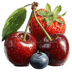 Fresh ripe cherries strawberry and blueberry isolated on transparent background
