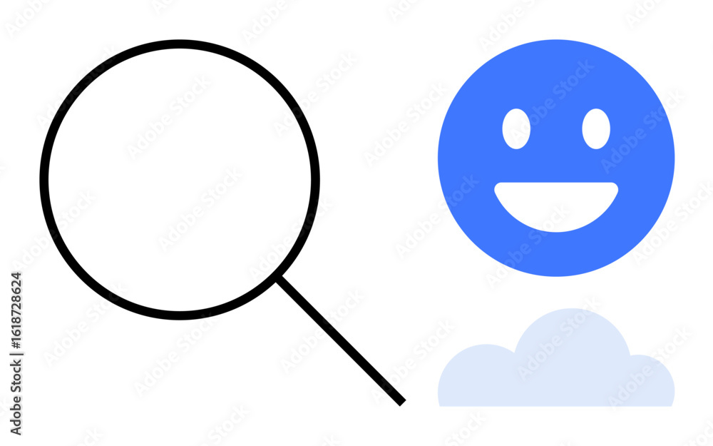 Poster magnifying glass searching for happiness with smiling face floating above a cloud. ideal for discove