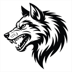 Black and White Wolf Head Illustration with Open Mouth