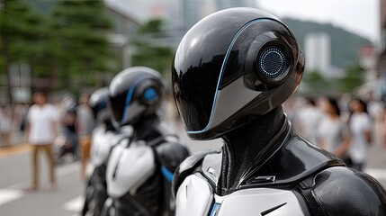 Fototapeta premium Black-armored soldiers with blue lights form a line amidst a bustling crowd, showcasing advanced technology in a vibrant cityscape
