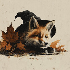 A charming vintage illustration of a cute fox wearing a witch hat, nestled among autumn leaves. A whimsical concept for Halloween and the fall season