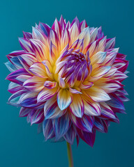 A stunning macro of a single, vibrant dahlia flower with intricate, multi-colored petals against a solid teal background. A concept of natural beauty.