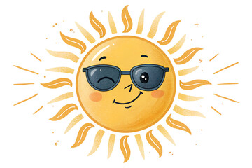 Cheerful cartoon sun character wearing sunglasses and winking isolated on transparent background, a fun and bright illustration for summer vibes