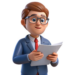 Blue suit man reading document cartoon
