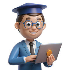 Blue suited graduate with glasses and laptop cartoon