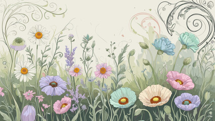 Delicate floral illustration featuring various colorful flowers and lush greenery