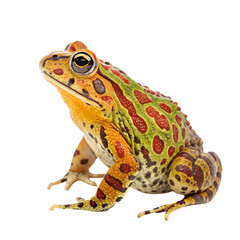 Fototapeta premium Brightly colored african bullfrog sitting and looking to the side isolated on transparent background