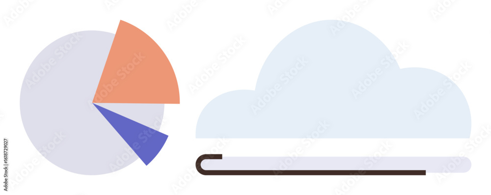 Aufkleber cloud shape beside a pie chart with three segments. ideal for storage, analysis, big data, computing