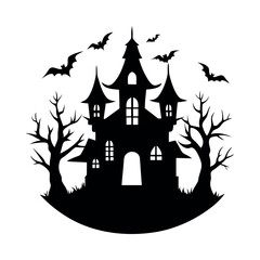 Spooky haunted mansion with flying bats and bare trees haunted house