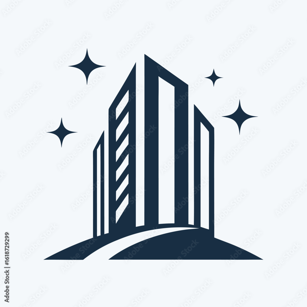 Poster dark blue abstract skyscraper building with sparkling stars on a white background architecture