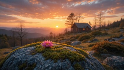 Fototapeta premium Mossy Rock with a Pink Flower at Sunset and a Faraway Cabin