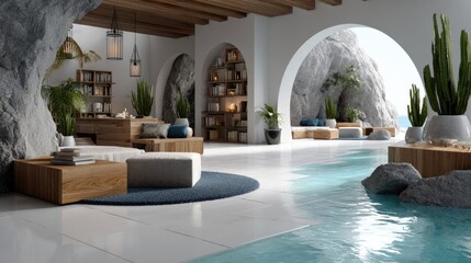 Obraz premium Interior of a stone grotto showcasing boho chic and wabi-sabi design, rich with plants, soft rug, and a stunning sea view