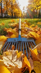 Vertical autumn rake tool leaves cleaning yellow seasonal task