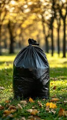 Vertical view of trash bag on autumn park grass pollution theme